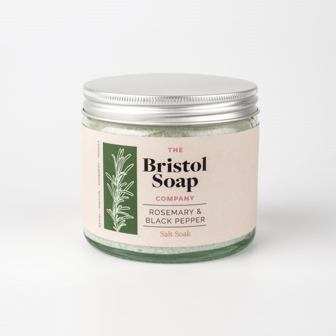 Jar of The Bristol Soap Company Rosemary & Black Pepper Salt Soak on a white background
