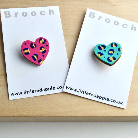 Pink Leopard Small Heart Brooch
