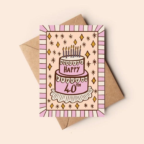 Birthday card with cake illustration and 'Happy 40th' text on a beige background