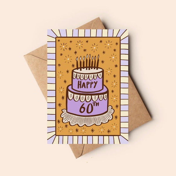 Birthday card with a cake illustration and 'Happy 60th' text on a beige background