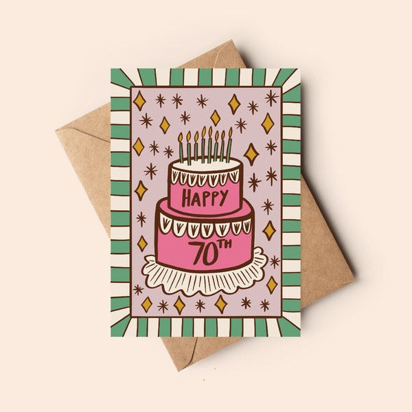 Birthday card with cake illustration and 'Happy 70th' text on a beige background
