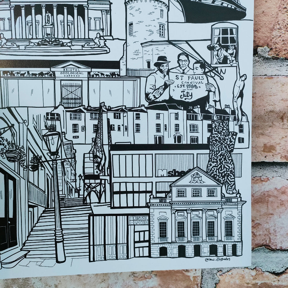 A black and white hand-drawn collage poster of St. Paul's Cathedral and surrounding London architecture, displayed against a rustic brick wall background.