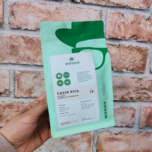 Wogan coffee package held against a brick wall