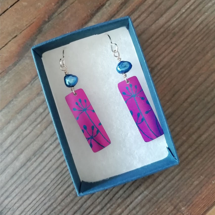 Cow Parsley Rectangular Earrings With Bead