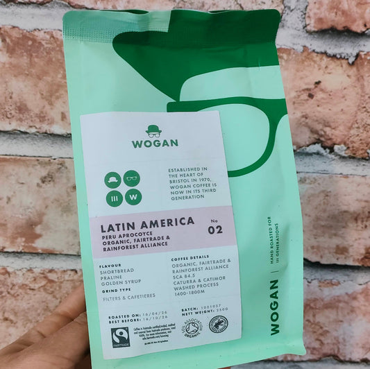 Wogan coffee package held against a brick wall