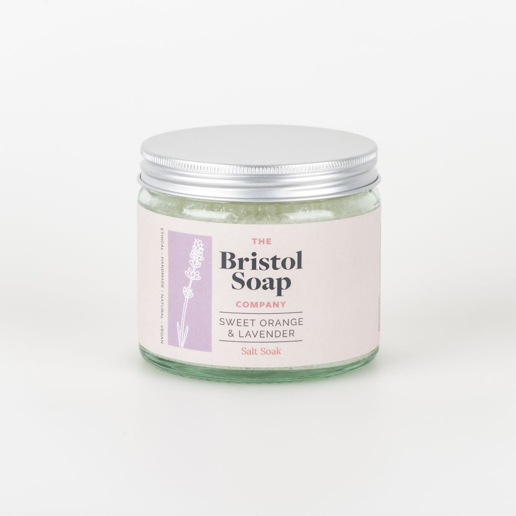 Jar of salt soak from The Bristol Soap Company with a silver lid on a white background
